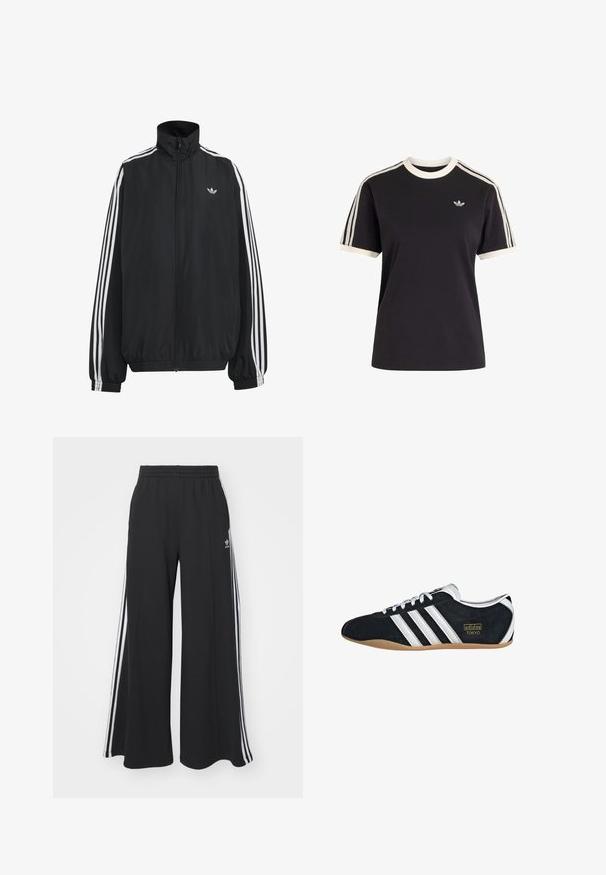 Sort Adidas træningsjakke med hvide tre striber langs ærmerne, fuld lynlås foran, elastiske manchetter og lille trefoil-logo på brystet.; Sort kortærmet skjorte med hvid kant på kraven og manchetterne, hvide perforerede striber langs skuldre og ærmer, lille Adidas-logo på brystet.; Sorte bukser med vide ben og elastik i taljen, med tre hvide striber langs ydersiderne og et lille logo foran.; Sort ruskinds sneaker med hvide tre striber, guldlogo og en brun gummisål. Har et lavprofil snørebåndsdesign.