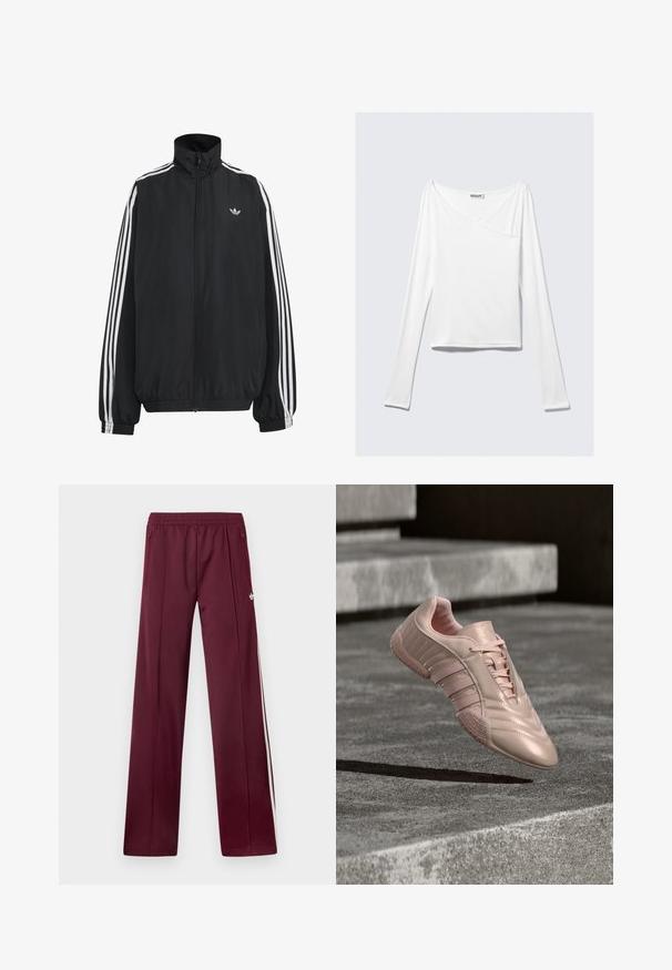 Μαύρο αθλητικό μπουφάν Adidas με λευκές τρεις ρίγες κατά μήκος των μανικιών, πλήρες φερμουάρ μπροστά, ελαστικά μανσέτες και μικρό λογότυπο trefoil στο στήθος.; Λευκή μπλούζα με μακριά μανίκια, με σχεδίαση crossover και τσέπη. Φτιαγμένη από ένα ομαλό, ελαστικό ύφασμα. Κουμπωμένη σε μια άνετη, χαλαρή γραμμή.; Μπορντό αθλητικές φόρμες με ελαστική μέση, πλαϊνές τσέπες με φερμουάρ, λευκές πλαϊνές ρίγες και μικρό λευκό λογότυπο Adidas στο δεξί μηρό.; Αθλητικό παπούτσι σε ανοιχτό ροζ χρώμα με γυαλιστερό φινίρισμα, διαθέτει υφασμένες πλευρικές επιφάνειες και λαστιχένια σόλα με ανάγλυφο σχέδιο για καλύτερη πρόσφυση. Περιλαμβάνονται κορδόνια.