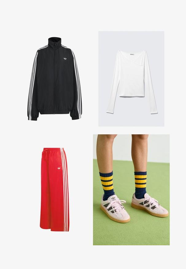 Μαύρο αθλητικό μπουφάν Adidas με λευκές τρεις ρίγες κατά μήκος των μανικιών, πλήρες φερμουάρ μπροστά, ελαστικά μανσέτες και μικρό λογότυπο trefoil στο στήθος.; Λευκή μπλούζα με μακριά μανίκια, με σχεδίαση crossover και τσέπη. Φτιαγμένη από ένα ομαλό, ελαστικό ύφασμα. Κουμπωμένη σε μια άνετη, χαλαρή γραμμή.; Κόκκινο αθλητικό παντελόνι από ελαφρύ υλικό, με φαρδιά γραμμή, ελαστική μέση, κορδόνι και τρεις λευκές ρίγες σε κάθε πλευρά.; Ανοιχτό ροζ σουέντ αθλητικά παπούτσια με μαύρες ρίγες και καουτσούκ σόλες, συνδυασμένα με ναυτικές και κίτρινες ριγέ ριμπ κάλτσες. Πράσινο υφασμάτινο δάπεδο.