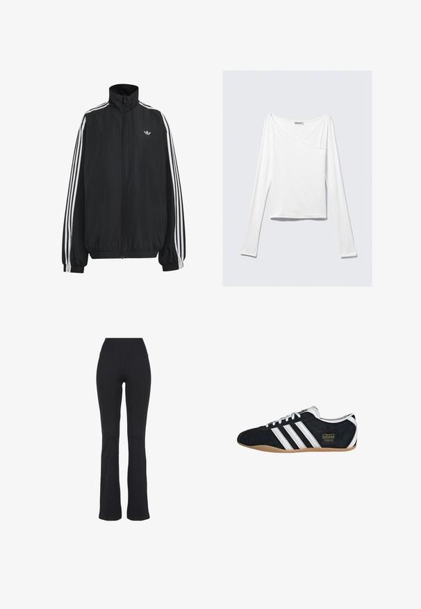 Μαύρο αθλητικό μπουφάν Adidas με λευκές τρεις ρίγες κατά μήκος των μανικιών, πλήρες φερμουάρ μπροστά, ελαστικά μανσέτες και μικρό λογότυπο trefoil στο στήθος.; Λευκή μπλούζα με μακριά μανίκια, με σχεδίαση crossover και τσέπη. Φτιαγμένη από ένα ομαλό, ελαστικό ύφασμα. Κουμπωμένη σε μια άνετη, χαλαρή γραμμή.; Μαύροι ψηλόμεσοι, εφαρμοστοί παντελόνες γιόγκα με φαρδιά μπατζάκια, παρουσιάζονται σε λευκό φόντο.; Μαύρο σουέτ αθλητικό παπούτσι με λευκές τρεις λωρίδες, χρυσό λογότυπο και καφέ καουτσούκ σόλα. Διαθέτει χαμηλού προφίλ σχέδιο με κορδόνια.