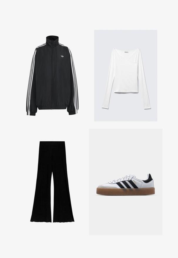 Musta Adidas-verryttelytakki, jossa valkoiset kolme raitaa hihoissa, täysipitkä etuvetoketju, joustavat hihansuut ja pieni kolmiokuvioinen logo rinnassa.; Valkoinen pitkähihaisen paita, jossa on ristikkäinen muotoilu ja tasku. Valmistettu sileästä, joustavasta kankaasta. Leikkaus on rento ja tilava.; Mustat, leveät housut, jotka on valmistettu ribbikankaasta. Niissä on korkea vyötärö ja levenevä alaosa, mikä luo virtaavan siluetin.; Valkoiset nahkakengät, joissa on mustat raidat, kumipohja, pyöreä varvas, nauhakiinnitys ja pehmeä harmaa mokkanahkakärki.