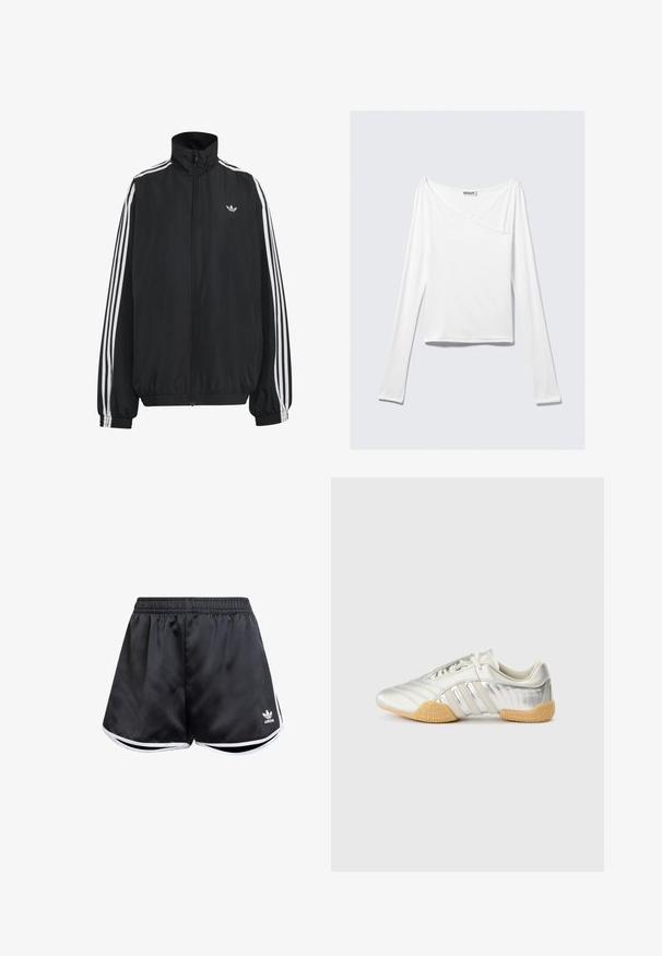Must Adidas dressipluus valgete kolmekümnendate triipudega varrukatel, täispikk esilukk, elastsed varrukaservad ja väike trefoil logo rinnal.; Valge pika varrukaga topp, millel on ristatud disain ja tasku. Valmistatud siledast ja venivast kangast. Lõige on kaunis ja lõdva sobivusega.; Mustad mustad sportlikud lühikesed püksid siledast sünteetilisest materjalist, valgete külgaktsentidega ja all vasakul oleva tikandiga logoga.; Hõbedane spordijalats, millel on siledast nahast pealmine osa, kummist tallad ja tekstuuriga detailid. Omadused hõlmavad kõverdatud kujundust ja toonitoonilisi paelu.