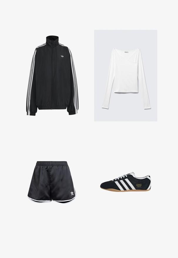 Čierna Adidas športová bunda s bielymi tromi pásikmi po celej dĺžke rukávov, so zipsom po celej prednej časti, elastickými manžetami a malým logom trefolo na hrudi.; Biela blúzka s dlhým rukávom a prekríženým dizajnom, s vreckom. Vyrobená z hladkej, elastickej látky. Strih v uvoľnenom, voľnom štýle.; Čierne atletické šortky vyrobené z hladkého syntetického materiálu, s bielymi bočnými akcentmi a vyšitým logom v spodnom ľavom rohu.; Čierne semišové tenisky s bielymi tromi pruhmi, zlatým logom a hnedou gumovou podrážkou. Disponujú nízkym šnurovacím dizajnom.