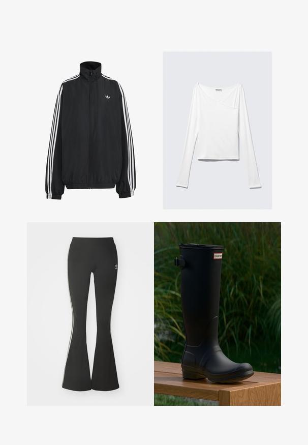 Veste de survêtement Adidas noire avec trois bandes blanches le long des manches, fermeture éclair frontale complète, poignets élastiques et petit logo trèfle sur la poitrine.; Haut blanc à manches longues avec un design croisé et une poche. Fabriqué dans un tissu lisse et extensible. Coupé dans une coupe décontractée et ample.; Leggings évasés noirs en tissu extensible, dotés d'une taille haute et de rayures blanches sur les côtés. Comprend un petit logo à la taille.; Botte en caoutchouc noire montante avec un bout arrondi, un léger talon et une sangle à boucle. Présente le logo "HUNTER" à l'avant.