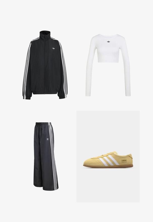 Chaqueta deportiva negra de Adidas con tres franjas blancas a lo largo de las mangas, cremallera frontal completa, puños elásticos y pequeño logo de trébol en el pecho.; Top corto blanco de manga larga con cuello redondo y pequeño logo negro de Adidas centrado debajo del escote.; Pantalones deportivos negros hechos de material ligero, con tres rayas verticales blancas y una cintura elástica con cordón.; adidas Originals GAZELLE LO PRO W - Zapatillas - almost yellow/footwear white