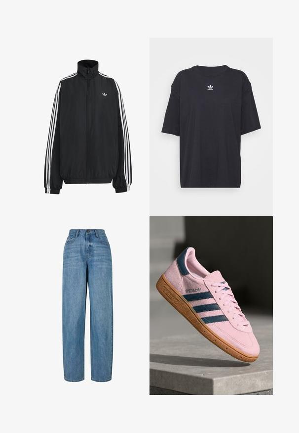 Μαύρο αθλητικό μπουφάν Adidas με λευκές τρεις ρίγες κατά μήκος των μανικιών, πλήρες φερμουάρ μπροστά, ελαστικά μανσέτες και μικρό λογότυπο trefoil στο στήθος.; Μαύρη βαμβακερή μπλούζα με κοντά μανίκια, στρογγυλή λαιμόκοψη, διαθέτει άσπρο λογότυπο Adidas στο στήθος. Απλός σχεδιασμός, χαλαρή εφαρμογή.; Ανοιχτό μπλε τζιν παντελόνι με ίσια γραμμή, που διαθέτει κλείσιμο με κουμπί, πέντε τσέπες και διακριτική φθορά σε όλη την ύφασμα.; Αθλητικό παπούτσι από σουέντ ανοιχτό ροζ με τρεις μπλε ρίγες, λαστιχένια σόλα και κορδόνια ανοιχτό ροζ. Διαθέτει το λογότυπο "SPEZIAL" στο πλάι.