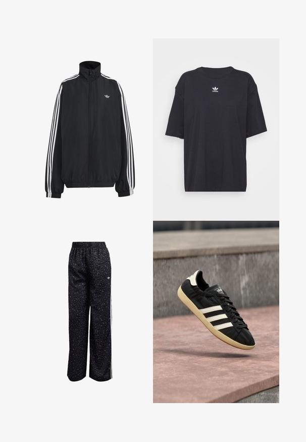Μαύρο αθλητικό μπουφάν Adidas με λευκές τρεις ρίγες κατά μήκος των μανικιών, πλήρες φερμουάρ μπροστά, ελαστικά μανσέτες και μικρό λογότυπο trefoil στο στήθος.; Μαύρη βαμβακερή μπλούζα με κοντά μανίκια, στρογγυλή λαιμόκοψη, διαθέτει άσπρο λογότυπο Adidas στο στήθος. Απλός σχεδιασμός, χαλαρή εφαρμογή.; Μαύρο αθλητικό παντελόνι με λεοπάρ σχέδιο, ελαστική μέση και λευκές ρίγες στο πλάι. Κατασκευασμένο από απαλό, ελαφρύ ύφασμα.; Μαύρο αθλητικό παπούτσι Adidas με λευκές ρίγες και μπεζ σόλα, αιωρούμενο στον αέρα πάνω από πέτρινη επιφάνεια και φόντο πέτρινος τοίχος.