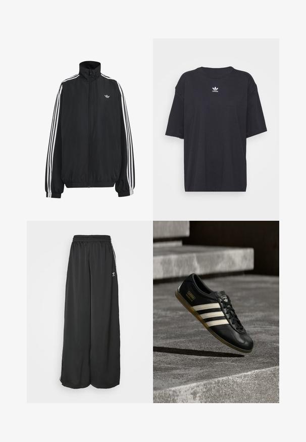 Zwarte Adidas trainingsjas met witte drie strepen langs de mouwen, een rits over de hele voorkant, elastische manchetten en een klein trefoil-logo op de borst.; Zwarte katoenen T-shirt met korte mouwen, ronde halslijn, voorzien van een wit Adidas-logo op de borst. Eenvoudig ontwerp, comfortabele pasvorm.; Zwarte, loszittende trainingsbroek van gladde stof. Voorzien van een elastische tailleband en zijstrepen met logo-accenten.; Zwarte leren sneaker met wit ontwerp van drie strepen, gestructureerde accenten, zwarte veters en een gum zool. Merkenlogo zichtbaar op de tong.