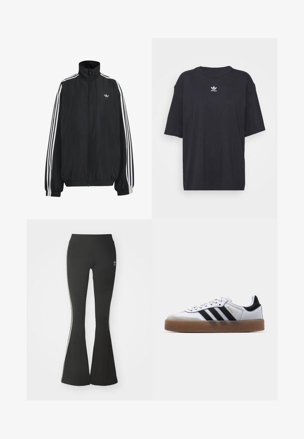 Chaqueta deportiva negra de Adidas con tres franjas blancas a lo largo de las mangas, cremallera frontal completa, puños elásticos y pequeño logo de trébol en el pecho.; Camiseta de algodón negra con mangas cortas, cuello redondo, presenta un logo blanco de Adidas en el pecho. Diseño simple, ajuste relajado.; Leggings acampanados negros de tejido elástico, con una cintura alta y rayas laterales blancas. Incluye un pequeño logo en la cintura.; Zapatillas de cuero blancas con rayas negras, suela de goma, puntera redonda, cierre de cordones y caperuza de ante gris suave.