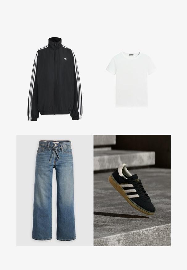 Zwarte Adidas trainingsjas met witte drie strepen langs de mouwen, een rits over de hele voorkant, elastische manchetten en een klein trefoil-logo op de borst.; Effen wit T-shirt met korte mouwen, een ronde hals en een klein zwart labeltje aan de binnenkant van de kraag.; Lichtblauwe wijdlopende spijkerbroek van denim, met een trekkoord in de taille, twee voorzakken en subtiele vervaging voor textuur.; Zwarte suède sneaker met witte strepen en goud logo, voorzien van een gestructureerde gum rubberen zool en een contrasterende crème hielkap.
