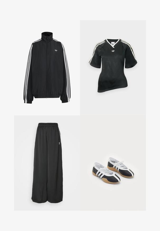 Chaqueta deportiva negra de Adidas con tres franjas blancas a lo largo de las mangas, cremallera frontal completa, puños elásticos y pequeño logo de trébol en el pecho.; Camiseta deportiva negra con escote en V, mangas cortas y patrón de cheurón texturizado. Presenta detalles de tres franjas blancas en los hombros y logo.; Pantalones de chándal negros de corte holgado, fabricados en un tejido suave. Cuentan con una cintura elástica y rayas laterales con acentos de logo.; Zapatillas deportivas en blanco y negro con un diseño elegante, suela de goma, cierre de cordones y tres franjas blancas en los lados.