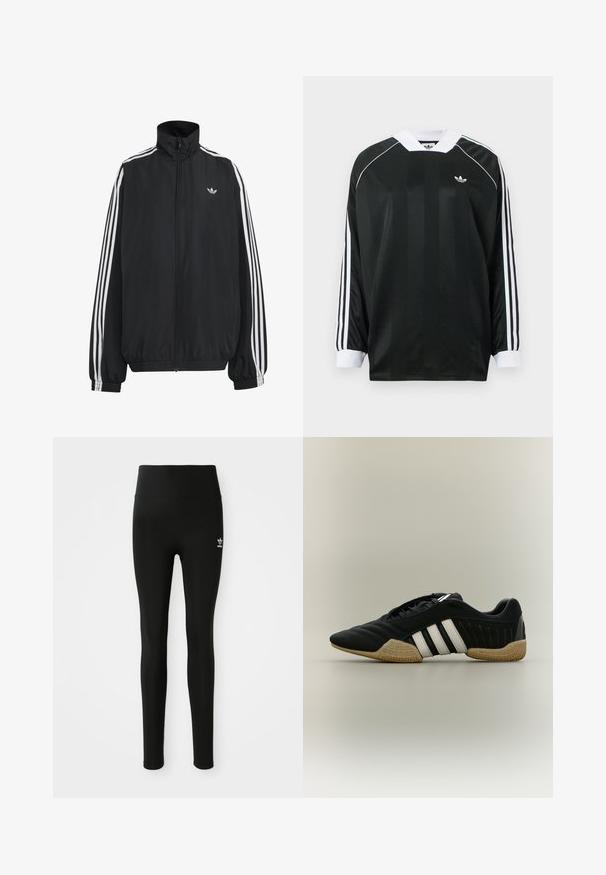 Must Adidas dressipluus valgete kolmekümnendate triipudega varrukatel, täispikk esilukk, elastsed varrukaservad ja väike trefoil logo rinnal.; Must pika varrukaga särk V-kaelusega, millel on vertikaalsed triibud, valged aksendid ja kolm valget triipu kummagi varruka peal. Väike logo rinnal.; Mustemad elastsed retuusid kõrge vöökoha ja väikese valge Adidas logo'ga vasakul jalal. Sile tekstuur.; Must spordijalats valgete triipude ja beežika tekstuuriga tallaga neutraalsel taustal, nähtud külgprofiilis.