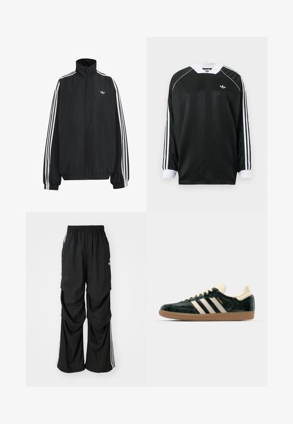 Must Adidas dressipluus valgete kolmekümnendate triipudega varrukatel, täispikk esilukk, elastsed varrukaservad ja väike trefoil logo rinnal.; Must pika varrukaga särk V-kaelusega, millel on vertikaalsed triibud, valged aksendid ja kolm valget triipu kummagi varruka peal. Väike logo rinnal.; Mustad, lõdvasti istuvad püksid elastse vöökohaga, nööriga ja valgete külgribadega; valmistatud kerge materjaliga, millel on sile tekstuur.; adidas Originals SAMBA OG - Tossud - cream white/collegiate green