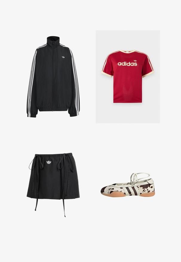 Sort Adidas træningsjakke med hvide tre striber langs ærmerne, fuld lynlås foran, elastiske manchetter og lille trefoil-logo på brystet.; Rød Adidas mesh t-shirt med beige kant på krave, ærmer og de tre striber på skuldrene, med Adidas-logo og tekst på fronten.; Sort atletisk nederdel med justerbare snore, der har et lille hvidt logo på fronten. Fremstillet af letvægtsstof med en glat tekstur.; Hvide balletflade sko i læder med brun ko-print, der har tre sorte striber på siden og en fleksibel, tanfarvet gummisål.
