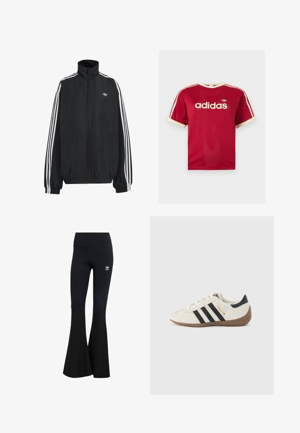 Čierna Adidas športová bunda s bielymi tromi pásikmi po celej dĺžke rukávov, so zipsom po celej prednej časti, elastickými manžetami a malým logom trefolo na hrudi.; Červené sieťované tričko Adidas s béžovým lemovaním na golieri, rukávoch a troch pruhmi na pleciach, s logom Adidas a textom na prednej strane.; Čierne rebrované legíny s rozšírenými nohavicami a širokým pásom, s malým bielym logom Adidas na hornej ľavej strane. Mäkkučký textilný materiál.; Biela teniska Adidas s čiernymi pruhmi, hnedou štruktúrovanou podrážkou a zlatým nápisom "SPEZIAL" na boku, zobrazená z vonkajšej strany.