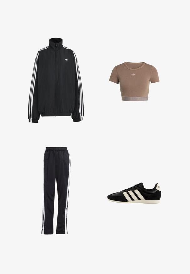 Chaqueta deportiva negra de Adidas con tres franjas blancas a lo largo de las mangas, cremallera frontal completa, puños elásticos y pequeño logo de trébol en el pecho.; Top corto marrón acanalado con mangas cortas, escote redondo y una banda texturizada en la parte inferior que presenta un sutil patrón de logo.; Pantalones deportivos negros con rayas laterales blancas, cintura elástica y parche con logo. Fabricados con una tela suave y ligera. Diseño de pierna recta.; Zapatilla de piel negra y ante con tres franjas blancas y suela blanca, diseño bajo y cordones.