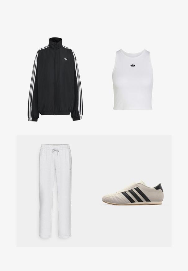 Zwarte Adidas trainingsjas met witte drie strepen langs de mouwen, een rits over de hele voorkant, elastische manchetten en een klein trefoil-logo op de borst.; Witte mouwloze crop top met ronde hals en klein zwart Adidas trefoil-logo, gecentreerd onder de kraag.; Witte, rechte sweatpants met een elastische tailleband, trekkoord en subtiele textuur. Bevat een klein logo aan de linkerzijde.; Lichtgrijze sneaker met zwarte strepen, ronde neus, glad leren bovenwerk, een klittenbandsluiting en een rubberen zool.