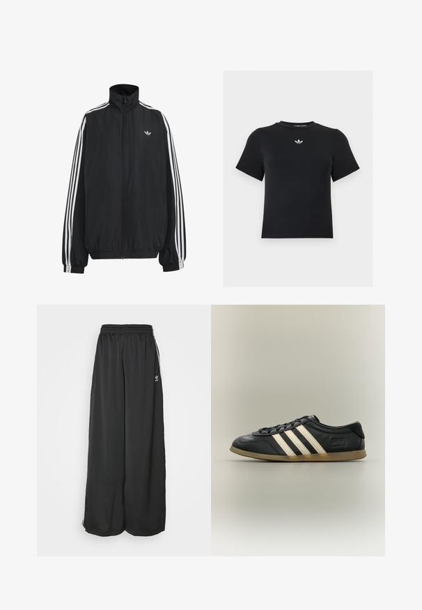 Melna Adidas sporta jaka ar baltām trim svītrām gar piedurknēm, pilnas garuma rāvējslēdzēju priekšpusē, elastīgiem aprocēm un nelielu trejlapu logo uz krūtīm.; Melns īss T-krekls ar apaļu kaklu un mazs balts Adidas trefoil logo centrā uz krūtīm.; Melni brīvi pieguļoši sporta bikses, kas izgatavotas no maigas auduma. Iespējas ietver elastīgu jostasvietu un sānu svītras ar logo akcentiem.; Melni Adidas Gazelle sporta apavi ar baltām svītrām, melniem auklām un gaiši brūnu zoli, attēloti no sāniem uz neitrāla fona.