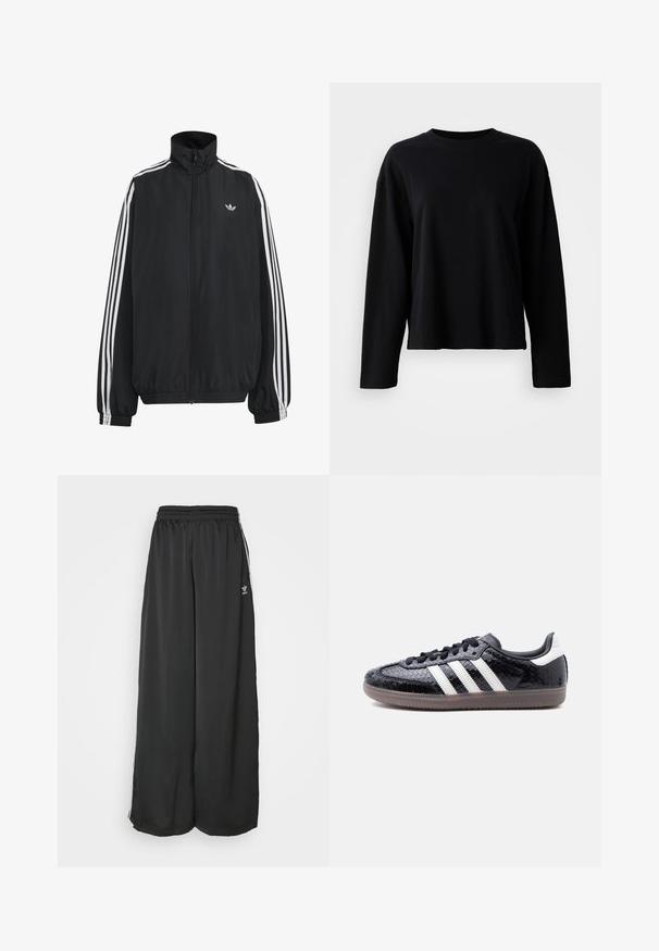 Μαύρο αθλητικό μπουφάν Adidas με λευκές τρεις ρίγες κατά μήκος των μανικιών, πλήρες φερμουάρ μπροστά, ελαστικά μανσέτες και μικρό λογότυπο trefoil στο στήθος.; Μαύρο μπλουζάκι μακρύ μανίκι, φτιαγμένο από μαλακό, ελαφρύ ύφασμα, με στρογγυλή λαιμόκοψη και χαλαρή εφαρμογή, με ελάχιστες ραφές.; Μαύρο αθλητικό παντελόνι σε χαλαρή γραμμή από λεία ύφανση. Διαθέτει ελαστική μέση και κάθετες ρίγες με λογότυπα.; Χαμηλού προφίλ μαύρο αθλητικό παπούτσι με υφή φιδίσιας επιδερμίδας, λευκές ρίγες στο πλάι, μαύρα κορδόνια και διαφανές καφέ πέλμα.