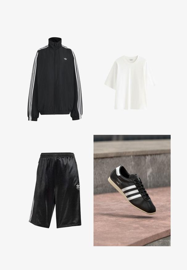 Sort Adidas træningsjakke med hvide tre striber langs ærmerne, fuld lynlås foran, elastiske manchetter og lille trefoil-logo på brystet.; Hvid t-shirt med korte ærmer lavet af blød bomuld. Har rund halsudskæring og en afslappet pasform uden synlige mønstre eller pynt.; Sorte atletiske shorts lavet af glat stof, med elastisk talje og snor, sidelommer og tre hvide striber langs siderne.; Sort lædersneaker med hvide striber og sål, snøret, svævende over en rosa betonoverflade med en grå stenvæg i baggrunden.