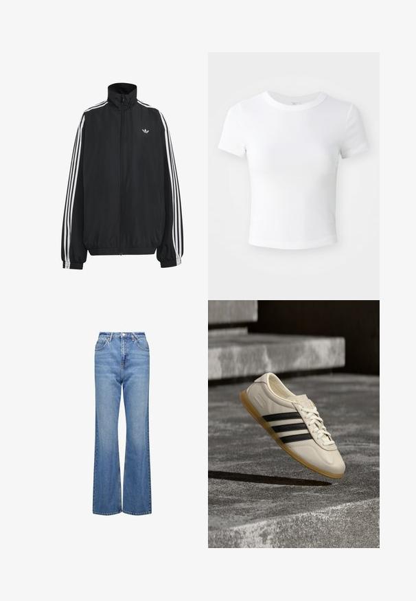 Chaqueta deportiva negra de Adidas con tres franjas blancas a lo largo de las mangas, cremallera frontal completa, puños elásticos y pequeño logo de trébol en el pecho.; Camiseta corta de manga corta blanca, con cuello redondo, exhibida sobre un fondo neutral claro.; Jeans azules de talle alto y acampanados con una textura de mezclilla clásica, que cuentan con cinco bolsillos y cierre con cremallera. Diseño minimalista y detalles de costura.; Zapatilla blanca con rayas negras y suela de goma suspendida sobre escaleras de hormigón en luz diurna suave.