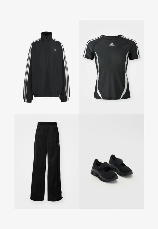 Sort Adidas træningsjakke med hvide tre striber langs ærmerne, fuld lynlås foran, elastiske manchetter og lille trefoil-logo på brystet.; Sort Adidas atletisk T-shirt med korte ærmer, hvide striber på skuldrene og sølvfarvede buede detaljer på siderne.; Sorte brede træningsbukser med elastisk talje, prydet med hvide side-striber og et lille logo på venstre hofte. Glat stofstruktur.; Sorte atletiske sko med mesh-overdel, sikker rem over vristen, tyk sål med runde udskæringer og teksturerede detaljer på siden.