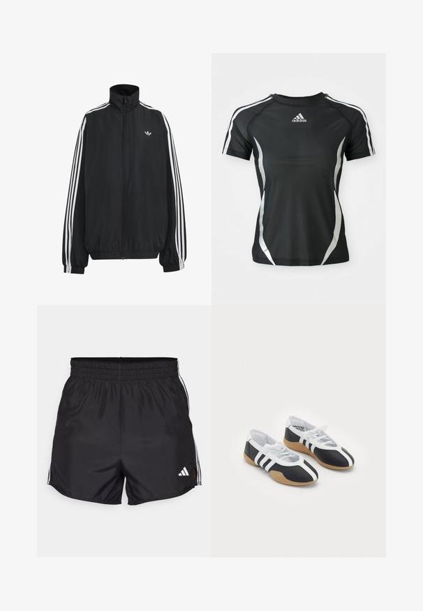 Zwarte Adidas trainingsjas met witte drie strepen langs de mouwen, een rits over de hele voorkant, elastische manchetten en een klein trefoil-logo op de borst.; Zwarte Adidas sport T-shirt met korte mouwen, voorzien van witte strepen op de schouders en zilveren gebogen accenten aan de zijkanten.; Zwarte sportshorts met een elastische tailleband, zijsplitten en witte drievoudige strepenaccenten. Bevat een klein wit logo op de rechteronderkant.; Zwart-witte sport schoenen met een slank ontwerp, rubberen zool, vetersluiting en drie witte strepen aan de zijkanten.