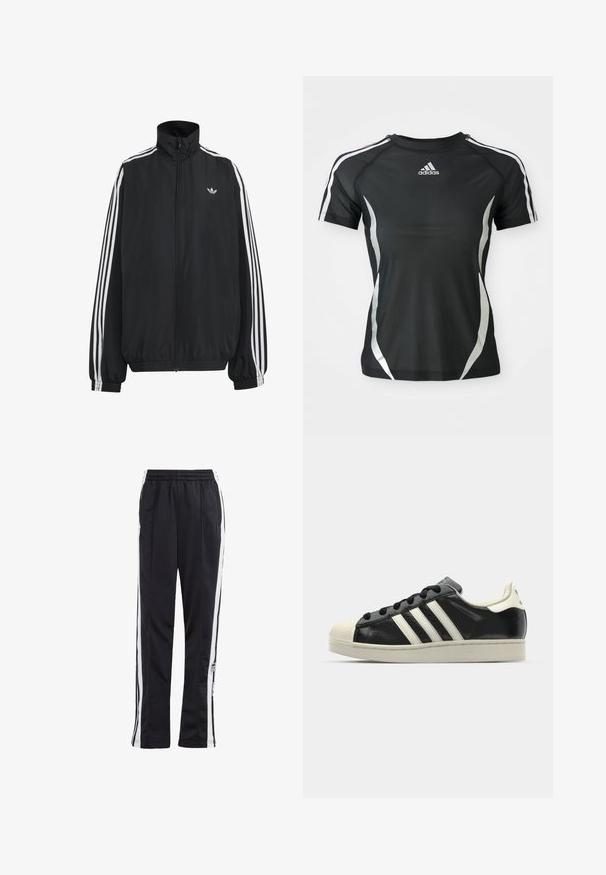 Must Adidas dressipluus valgete kolmekümnendate triipudega varrukatel, täispikk esilukk, elastsed varrukaservad ja väike trefoil logo rinnal.; Mustad mustade lühikeste varrukatega Adidas sportpoliisik, millel on valged triibud õlgadel ja hõbedased kaarjad aktsendid külgedel.; Mustad mustreid püksid valgete külgede triipudega, elastse vöökohtaga ja logo plaastriga. Valmistatud siledast, kergekaalusest kangast. Sirge sääre disain.; Must have nahkased mustad tossud valgete triipudega, kummist varbakattega, mustade paeltega ja kreemika värvusega tallaga. Sile tekstuur ja läikiv viimistlus.