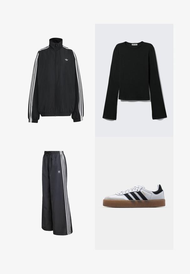 Chaqueta deportiva negra de Adidas con tres franjas blancas a lo largo de las mangas, cremallera frontal completa, puños elásticos y pequeño logo de trébol en el pecho.; Camiseta negra de manga larga con cuello redondo, silueta ajustada y mangas ligeramente acampanadas, etiquetada con la marca "Weekday" en el cuello.; Pantalones deportivos negros hechos de material ligero, con tres rayas verticales blancas y una cintura elástica con cordón.; Zapatillas de cuero blancas con rayas negras, suela de goma, puntera redonda, cierre de cordones y caperuza de ante gris suave.