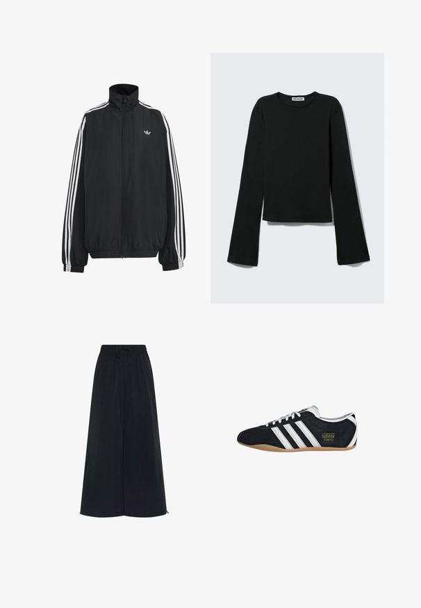 Čierna Adidas športová bunda s bielymi tromi pásikmi po celej dĺžke rukávov, so zipsom po celej prednej časti, elastickými manžetami a malým logom trefolo na hrudi.; Čierne tričko s dlhými rukávmi a okrúhlym výstrihom, priliehavým strihom a mierne rozšírenými rukávmi, označené značkou "Weekday" na krku.; Čierne široké nohavice s elastickým pásom a nastaviteľnou šnúrkou. Vyrobené z ľahkej tkaniny s hladkou textúrou. Bez viditeľných vzorov.; Čierne semišové tenisky s bielymi tromi pruhmi, zlatým logom a hnedou gumovou podrážkou. Disponujú nízkym šnurovacím dizajnom.