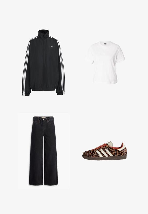 Μαύρο αθλητικό μπουφάν Adidas με λευκές τρεις ρίγες κατά μήκος των μανικιών, πλήρες φερμουάρ μπροστά, ελαστικά μανσέτες και μικρό λογότυπο trefoil στο στήθος.; Απλό λευκό κοντομάνικο T-shirt με στρογγυλή λαιμόκοψη, κανονική εφαρμογή και ορατή ετικέτα μέσα στον γιακά σε λευκό φόντο.; Μαύρα τζιν παντελόνια με φαρδιά γραμμή, κατασκευασμένα από τζιν ύφασμα, με πέντε τσέπες, χάλκινες βίδες και κλασικό κλείσιμο με κουμπί. Λείο υλικό με καθαρό σχέδιο.; Αθλητικά παπούτσια με λεοπάρ σχέδιο, από σουέτ υλικό, κόκκινες κορδόνες και τρεις λευκές ρίγες στο πλάι. Διαθέτουν γλώσσα σε κρέμα απόχρωση και καφέ σόλα.