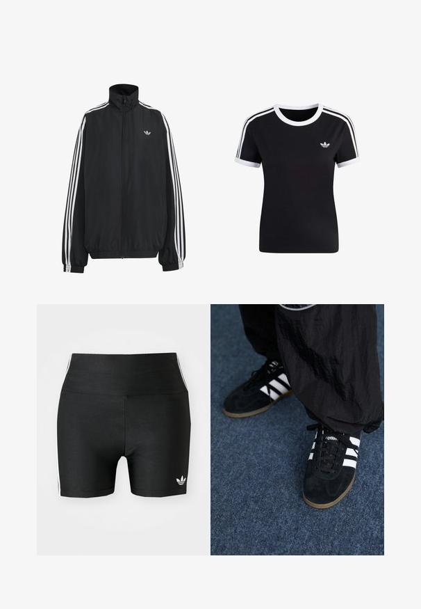 Zwarte Adidas trainingsjas met witte drie strepen langs de mouwen, een rits over de hele voorkant, elastische manchetten en een klein trefoil-logo op de borst.; Zwart T-shirt met korte mouwen en witte accenten, ronde hals en drie witte strepen op elke schouder. Voorzien van een klein logo op de borst.; Zwarte atletische shorts van rekbaar materiaal met een hoge taille. Bevatte witte zijstrepen en een klein wit logo aan de zoom.; Zwarte suède sportschoenen met drie witte strepen en zwarte veters. Een gestructureerde zwarte broek is deels zichtbaar naast de schoenen.