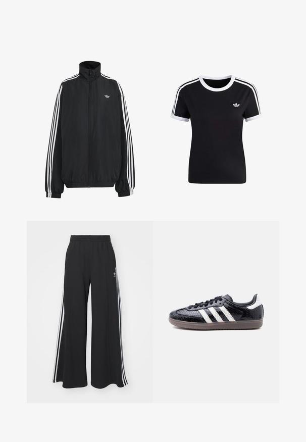 Zwarte Adidas trainingsjas met witte drie strepen langs de mouwen, een rits over de hele voorkant, elastische manchetten en een klein trefoil-logo op de borst.; Zwart T-shirt met korte mouwen en witte accenten, ronde hals en drie witte strepen op elke schouder. Voorzien van een klein logo op de borst.; Zwarte broek met wijde pijpen en een elastische tailleband, met drie witte strepen langs de buitenkant en een klein logo aan de voorkant.; Zwarte sneaker met een laag profiel, met een gestructureerd slangenhuidpatroon, witte strepen aan de zijkant, zwarte veters en een doorschijnende bruine zool.