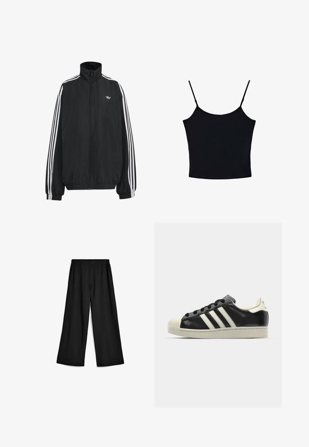Schwarze Adidas Trainingsjacke mit weißen drei Streifen entlang der Ärmel, durchgehendem Frontreißverschluss, elastischen Bündchen und kleinem Trefoil-Logo auf der Brust.; Stradivarius TOP - Top - black; Schwarze, weit geschnittene Hose aus weichem, dehnbarem Stoff. Elastischer Bund mit Taschen an den Seiten. Klare Linien und glatte Oberfläche.; Schwarze Ledersneaker mit weißen Streifen, Gummikappe, schwarzen Schnürsenkeln und einer cremefarbenen Sohle. Glatte Textur mit glänzender Oberfläche.