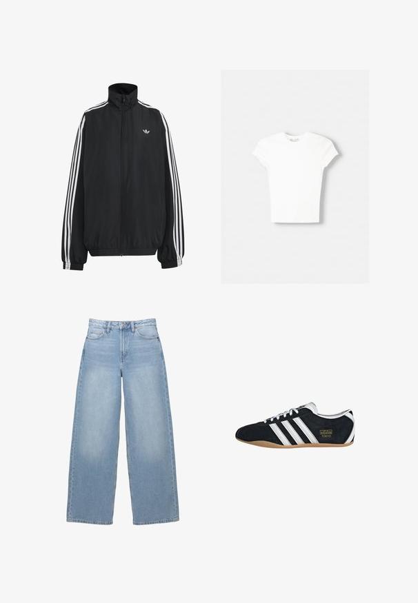 Zwarte Adidas trainingsjas met witte drie strepen langs de mouwen, een rits over de hele voorkant, elastische manchetten en een klein trefoil-logo op de borst.; Witte t-shirt met korte mouwen van zachte katoen, met een ronde halslijn en een getailleerde vorm. Geen zichtbare patronen of versieringen.; Lichtblauwe, wijde spijkerbroek van denim. Heeft een hoge taille, zijzakken en een knoopsluiting. Glad van textuur met subtiele vervaging.; Zwarte suède sneaker met witte drie strepen, gouden logo en een bruine rubberen zool. Heeft een laag profiel vetersluiting ontwerp.