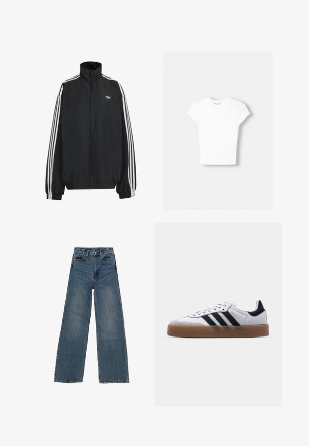 Schwarze Adidas Trainingsjacke mit weißen drei Streifen entlang der Ärmel, durchgehendem Frontreißverschluss, elastischen Bündchen und kleinem Trefoil-Logo auf der Brust.; Weißes kurzärmliges T-Shirt aus weicher Baumwolle, mit Rundhalsausschnitt und figurbetonter Form. Keine sichtbaren Muster oder Verzierungen.; Helleblaue Jeans im weiten Schnitt mit hoher Taille, fünf Taschen und kontrastierendem Nähen. Verwaschungen und leichte Abnutzungserscheinungen auf dem Stoff sichtbar.; Weiße Leder Sneakers mit schwarzen Streifen, Gummigummi-Außensohle, runder Zehenform, Schnürverschluss und weichem grauem Wildleder-Zehenkappe.