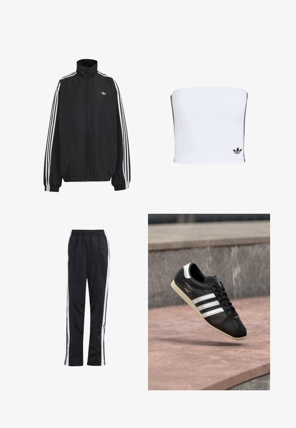 Čierna Adidas športová bunda s bielymi tromi pásikmi po celej dĺžke rukávov, so zipsom po celej prednej časti, elastickými manžetami a malým logom trefolo na hrudi.; Biely bandeau top vyrobený z elastického materiálu. Obsahuje čierne bočné pruhy a malé čierne logo na okraji. Hladká textúra.; Čierne tepláky so bielymi bočnými pruhmi, elastickým pásom a logom. Vyrobené z hladkej, ľahkej tkaniny. Rovný strih.; Čierna kožená teniska s bielymi pruhmi a podrážkou, zaviazaná šnúrkami, vznášajúca sa nad ružovkastým betónovým povrchom s sivou kamennou stenou v pozadí.