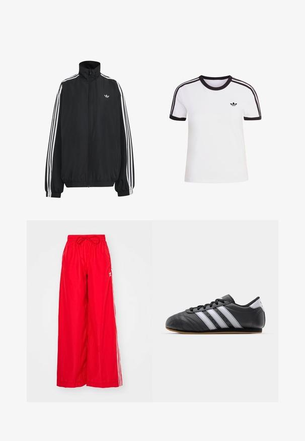 Must Adidas dressipluus valgete kolmekümnendate triipudega varrukatel, täispikk esilukk, elastsed varrukaservad ja väike trefoil logo rinnal.; Valge lühikeste varrukatega T-särk mustade detailidega, ümmarguse kaelusega ja kolme musta triibuga kummalgi õlal. Väike must logo rinnal.; Kerged jalgadega punased püksid, mis on valmistatud kergest kangast, valgete külgtriipudega ning elastse vöökoha ja kinnitusköiega.; Must must harjukets, millel on valged triibud, ümmargune varvas, lame tall ja shoelace sulgemine. Omab perforatsioone hingavuse tagamiseks.
