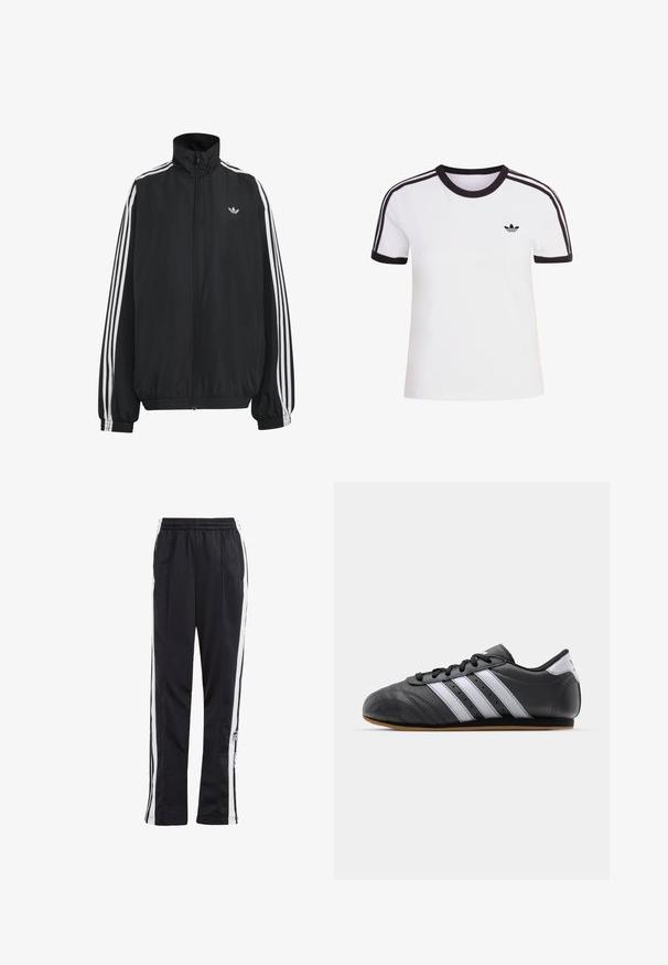 Sort Adidas træningsjakke med hvide tre striber langs ærmerne, fuld lynlås foran, elastiske manchetter og lille trefoil-logo på brystet.; Hvid kortærmet t-shirt med sorte detaljer, der har rund halsudskæring og tre sorte striber på hver skulder. Lille sort logo på brystet.; Sorte træningsbukser med hvide sidelister, elastisk talje og et logo-patch. Fremstillet af glat, letvægtsstof. Lige ben design.; Sorte lædersportssko med hvide striber, rund tå, flad sål og snørelukning. Har perforeringer for åndbarhed.