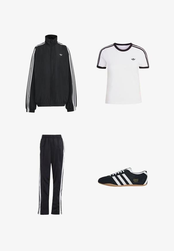Schwarze Adidas Trainingsjacke mit weißen drei Streifen entlang der Ärmel, durchgehendem Frontreißverschluss, elastischen Bündchen und kleinem Trefoil-Logo auf der Brust.; Weißes kurzärmliges T-Shirt mit schwarzen Akzenten, mit rundem Ausschnitt und drei schwarzen Streifen auf jeder Schulter. Kleines schwarzes Logo auf der Brust.; Schwarze Jogginghose mit weißen Seitenstreifen, elastischem Bund und einem Logo-Patch. Hergestellt aus glattem, leichtem Stoff. Gerades Bein-Design.; Schwarze Wildledersneaker mit drei weißen Streifen, goldenem Logo und brauner Gummisohle. Merkmale ein niedrigprofiliertes Schnürdesign.