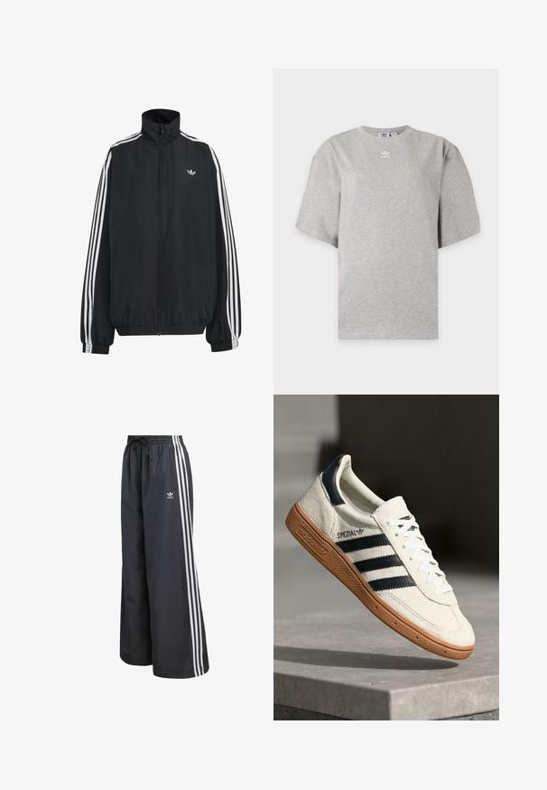 Zwarte Adidas trainingsjas met witte drie strepen langs de mouwen, een rits over de hele voorkant, elastische manchetten en een klein trefoil-logo op de borst.; Lichtgrijs Adidas T-shirt met korte mouwen, ronde hals en klein wit Adidas-logo op de borst, weergegeven op een effen achtergrond.; Zwarte sportbroek van lichtgewicht materiaal, met drie witte verticale strepen en een elastische tailleband met trekkoord.; Witte suède sneakers met marineblauwe strepen, rubberen gumzool, gestructureerde bovenkant, ronde neus en veters; heeft branding aan de zijkant en op de tong.