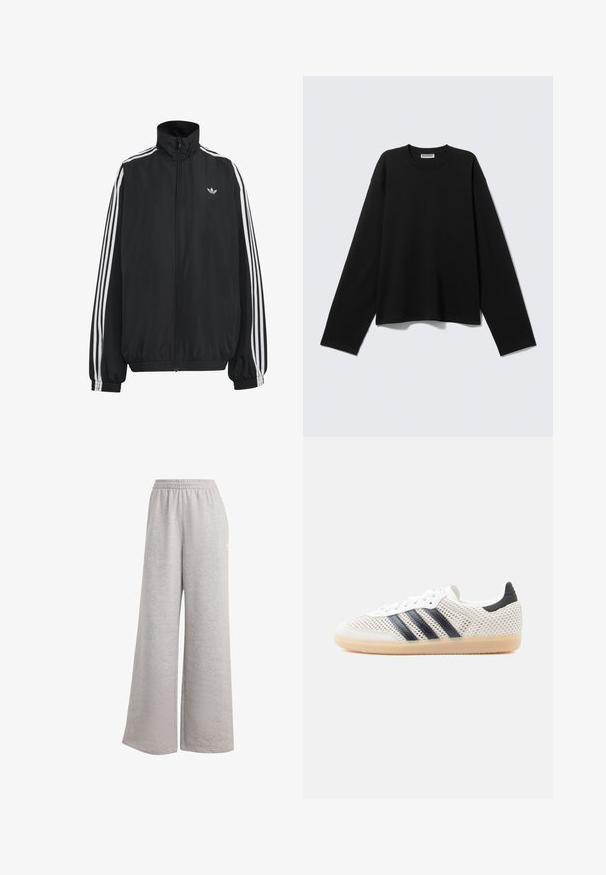 Veste de survêtement Adidas noire avec trois bandes blanches le long des manches, fermeture éclair frontale complète, poignets élastiques et petit logo trèfle sur la poitrine.; T-shirt noir à manches longues avec col rond, coupe décontractée et étiquette de la marque Weekday au col, sur un fond clair uni.; Pantalon de survêtement gris clair avec une coupe ample, une taille élastique et une texture douce. Présente un logo discret sur un côté. Design décontracté.; Baskets en maille blanche avec un design à trois bandes noires, bout arrondi et semelle en caoutchouc gomme. Dotées d'un col de talon souple et d'une fermeture à lacets.
