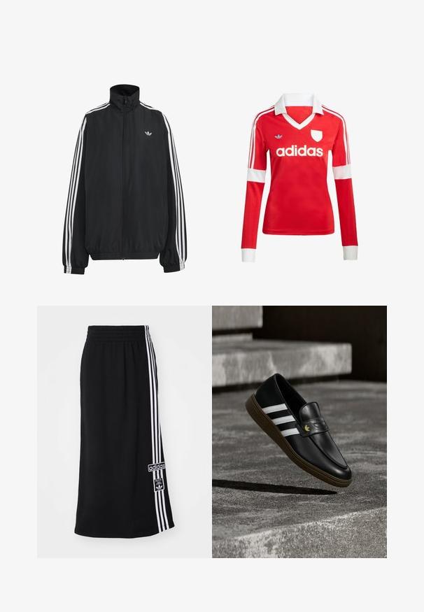 Must Adidas dressipluus valgete kolmekümnendate triipudega varrukatel, täispikk esilukk, elastsed varrukaservad ja väike trefoil logo rinnal.; Punane pikade varrukatega jalgpallipluus valge krae ja varrukateotstega. Omab kolme valget triipu õlgadel ja väljapaistvat "adidas" logo.; Mustlane sportseelik elastse vööga, millel on ühe külje peal kolm valget triipu ja Adidas logo sildiga. Sile kangas.; Mustast nahast jalanõu valgete triipude ja pruunide tallaga, asetatud betoonastmete kohale, heites varju maapinnale.