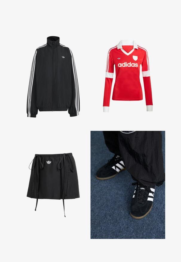 Zwarte Adidas trainingsjas met witte drie strepen langs de mouwen, een rits over de hele voorkant, elastische manchetten en een klein trefoil-logo op de borst.; Rode lange mouwen voetbalshirt met een witte kraag en manchetten. Heeft drie witte strepen op de schouders en het "adidas" logo prominent weergegeven.; Zwarte sport rok met verstelbare trekkoorden, met een klein wit logo aan de voorkant. Gemaakt van lichtgewicht stof met een zachte textuur.; Zwarte suède sportschoenen met drie witte strepen en zwarte veters. Een gestructureerde zwarte broek is deels zichtbaar naast de schoenen.