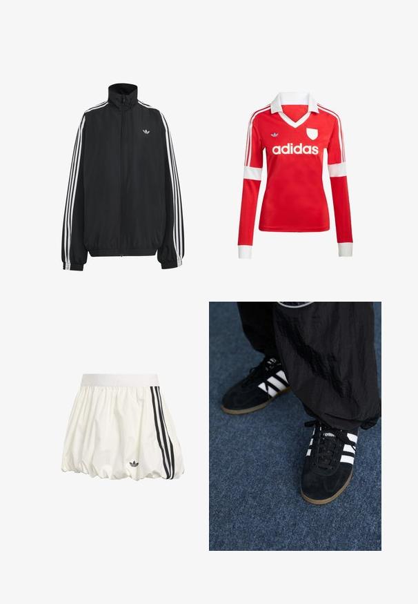 Svart Adidas joggedressjakke med hvite tre striper langs ermene, hel frontglidelås, elastiske mansjetter og liten trefoil-logo på brystet.; Rød langermet fotballdrakt med hvit krage og mansjetter. Har tre hvite striper på skuldrene og "adidas"-logoen iøynefallende plassert.; Hvit atletisk skjørt laget av lett stoff, med bred linning, voluminøs form og tre svarte striper på siden.; Svarte semskede joggesko med tre hvite striper og svarte snøring. Et teksturert svart bukse er delvis synlig ved siden av skoene.