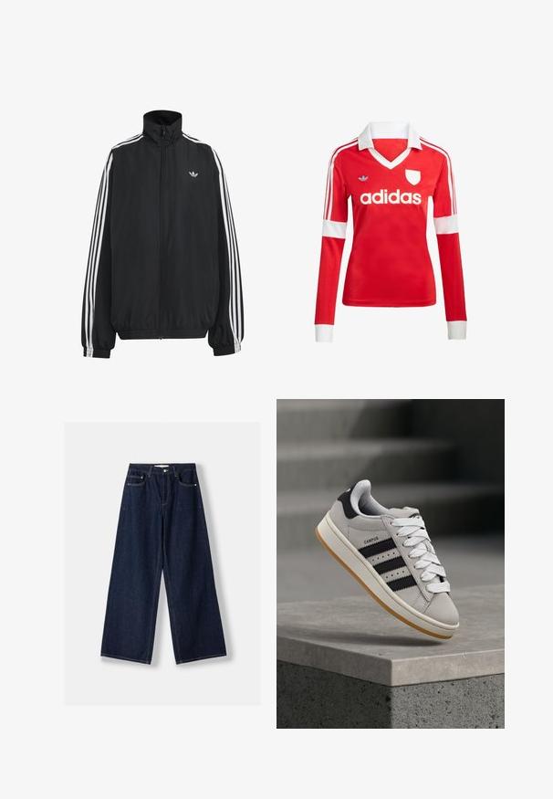 Čierna Adidas športová bunda s bielymi tromi pásikmi po celej dĺžke rukávov, so zipsom po celej prednej časti, elastickými manžetami a malým logom trefolo na hrudi.; Červený futbalový dres s dlhým rukávom a bielym golierom a manžetami. Na ramenách sú tri biele pruhy a výrazne zobrazené logo "adidas".; Tmavomodré džínsové nohavice so širokými nohavicami, predným zapínaním na gombík a zips, prednými vreckami a pútkami na opasok, položené na bielom pozadí.; Šedá teniska Adidas Campus s čiernymi pruhmi a bielymi šnúrkami vznášajúca sa nad betónovým múrikom so schodmi v pozadí.