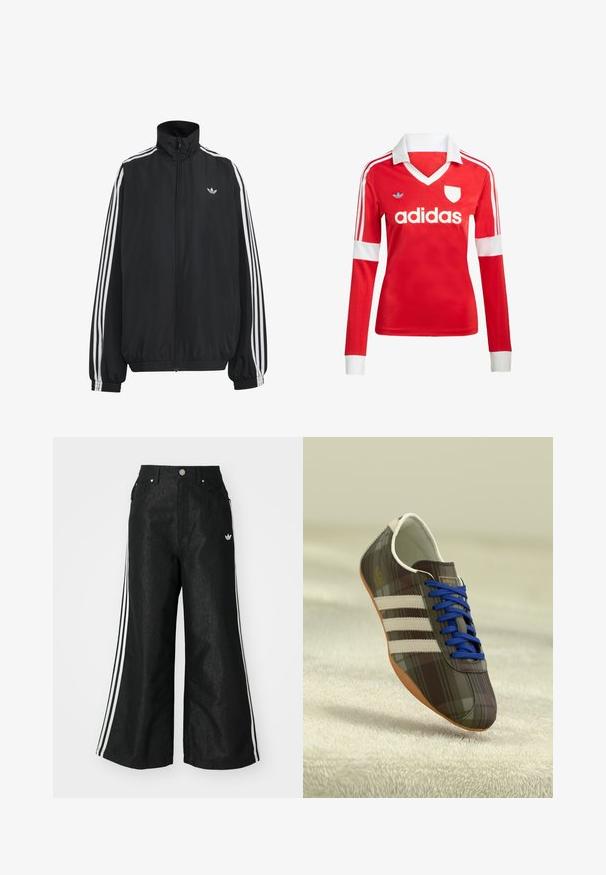 Sort Adidas træningsjakke med hvide tre striber langs ærmerne, fuld lynlås foran, elastiske manchetter og lille trefoil-logo på brystet.; Rød langærmet fodboldtrøje med hvid krave og manchetter. Har tre hvide striber på skuldrene og "adidas" logoet fremtrædende vist.; Sorte vide denim bukser med tre hvide striber på hver side og et lille hvidt logo. Indeholder forlommer og en knaplukning.; Brune ternede atletiske sko med blå snørebånd, tre hvide striber og en glat overflade, med en lysebrune gummisul.