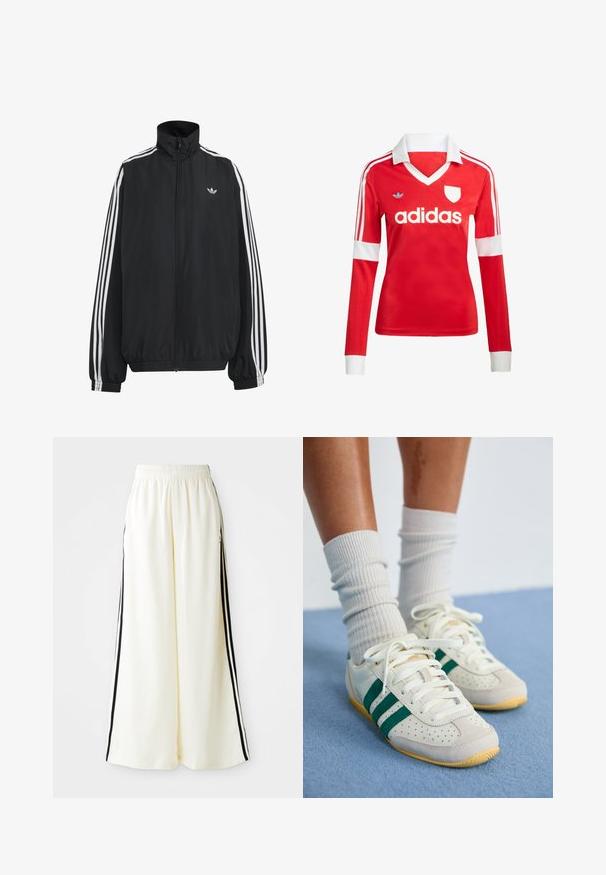 Μαύρο αθλητικό μπουφάν Adidas με λευκές τρεις ρίγες κατά μήκος των μανικιών, πλήρες φερμουάρ μπροστά, ελαστικά μανσέτες και μικρό λογότυπο trefoil στο στήθος.; Κόκκινη ποδοσφαιρική φανέλα με μακριά μανίκια, λευκό γιακά και μανσέτες. Διαθέτει τρεις λευκές ρίγες στους ώμους και το λογότυπο "adidas" εμφανώς τοποθετημένο.; Λευκά παντελόνια με φαρδύ πόδι, ελαστική μέση και μαύρες κατακόρυφες ρίγες κατά μήκος των εξωτερικών ραφών.; Πόδια με λευκά αθλητικά παπούτσια με πράσινες ρίγες και λευκές ριμπ πλεκτές κάλτσες που στέκονται σε ένα ανοιχτό μπλε χαλί.