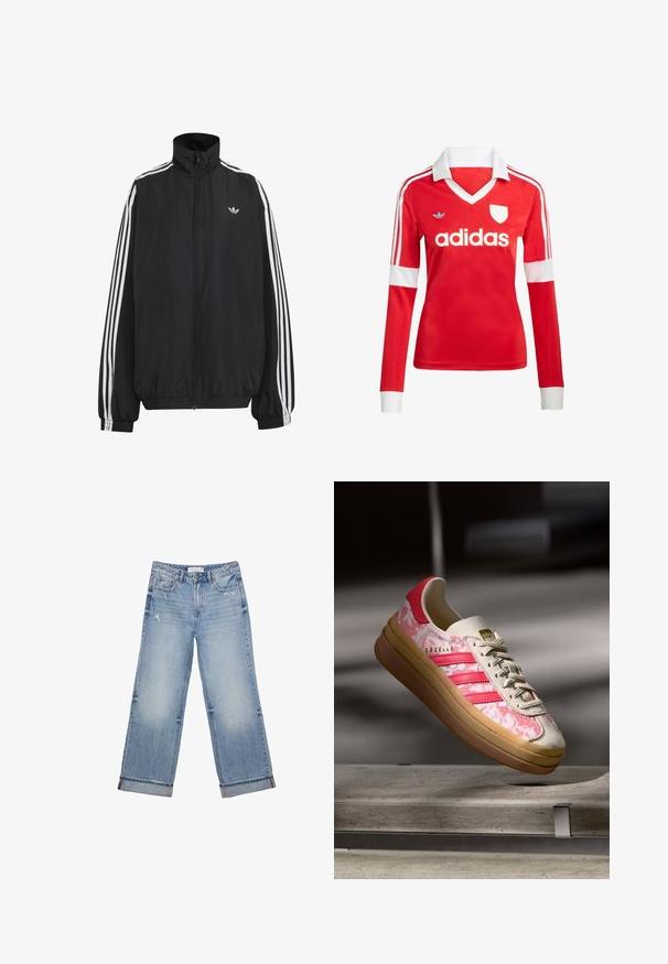 Schwarze Adidas Trainingsjacke mit weißen drei Streifen entlang der Ärmel, durchgehendem Frontreißverschluss, elastischen Bündchen und kleinem Trefoil-Logo auf der Brust.; Rotes Fußballtrikot mit langen Ärmeln, weißem Kragen und weißen Ärmelbündchen. Es hat drei weiße Streifen auf den Schultern und das "adidas"-Logo ist auffällig platziert.; Hellblaue Jeans aus Denim im weit geschnittenen Design, mit ausgefranstem Saum, leichter Abnutzung und klassischem Fünf-Taschen-Stil.; Rosa gemusterter Sneaker mit einem weichen, cremefarbenen Lederobermaterial, drei rosa Streifen und einer Sohle aus Gummi. Goldene Markenbezeichnung auf der Zunge.