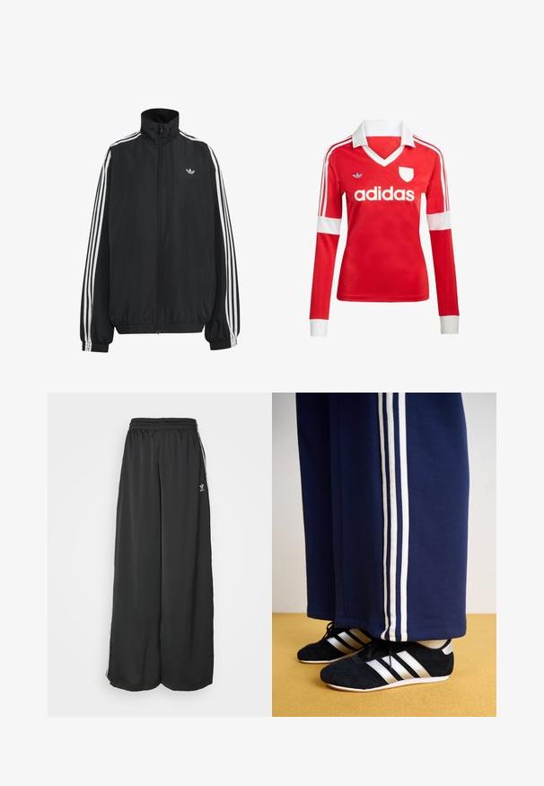 Čierna Adidas športová bunda s bielymi tromi pásikmi po celej dĺžke rukávov, so zipsom po celej prednej časti, elastickými manžetami a malým logom trefolo na hrudi.; Červený futbalový dres s dlhým rukávom a bielym golierom a manžetami. Na ramenách sú tri biele pruhy a výrazne zobrazené logo "adidas".; Čierne široké tréningové nohavice vyrobené z hladkej látky. Obsahujú elastický pás a bočné pruhy s logom.; Námornícke tepláky s tromi bielymi vertikálnymi pruhmi a čiernymi atletickými topánkami so striebornými pruhmi a textúrovaným povrchom. Žltá podlaha.